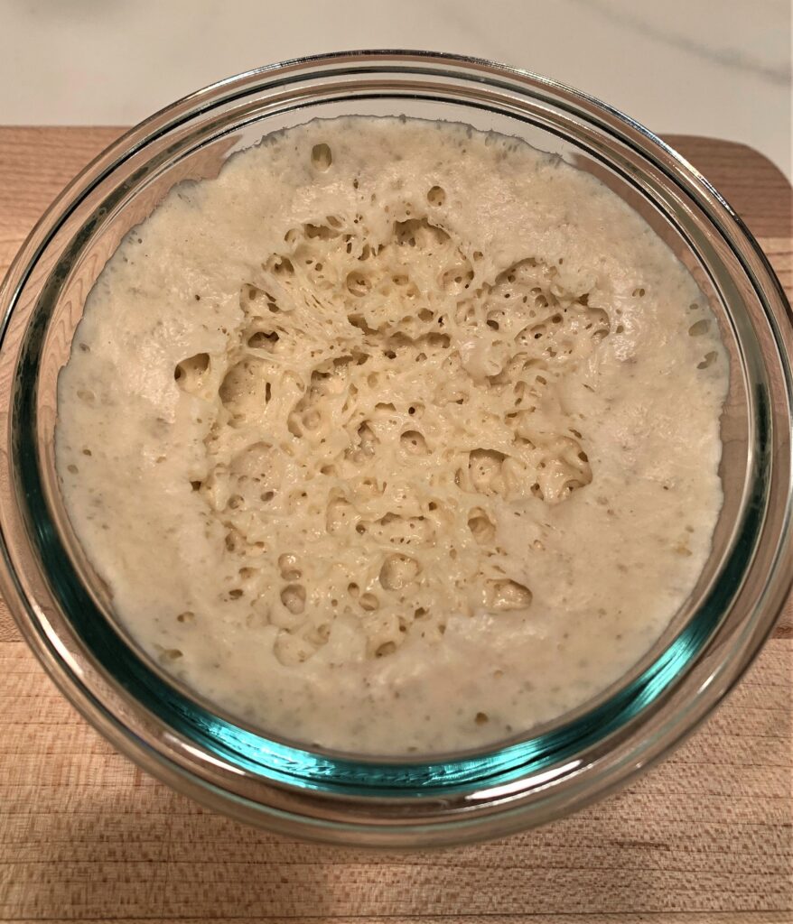 dry sourdough starter in a glass bowl that is bubbly and ready to be used