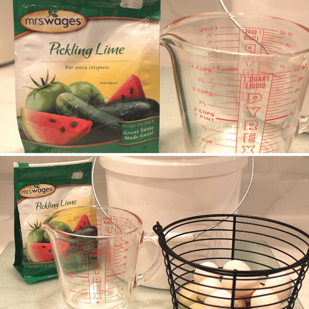 bag of pickling lime, measuring cup, food safe 2 gallon bucket and fresh eggs in a basket
