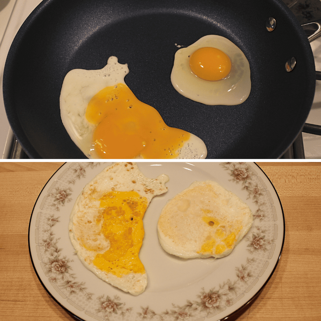 Fried waterglassed egg and a fresh egg on a plate