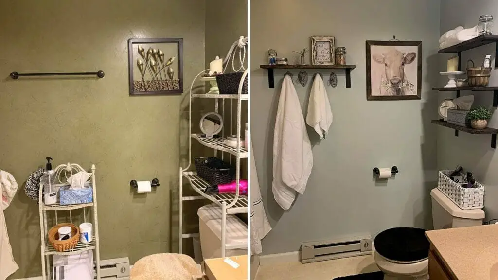 split screen bathroom before with green venetian plaster wall and accessory stands and after with blue wall and wood shelves