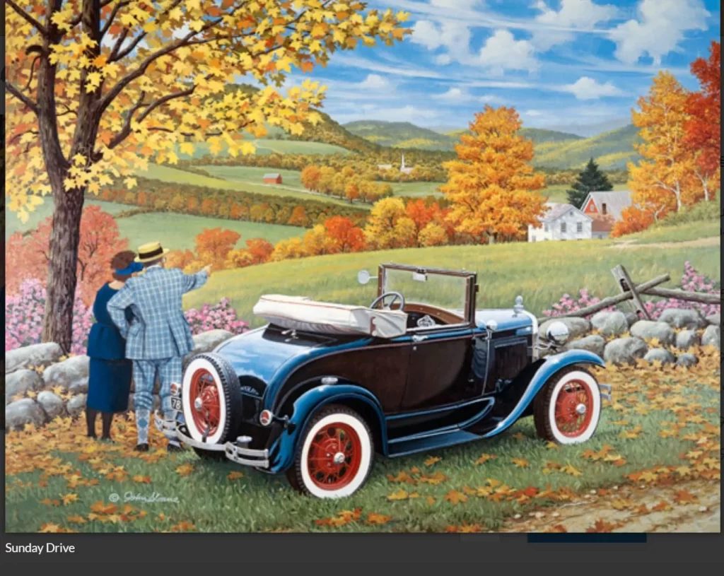 old fashioned car with man and woman overlooking a countryside