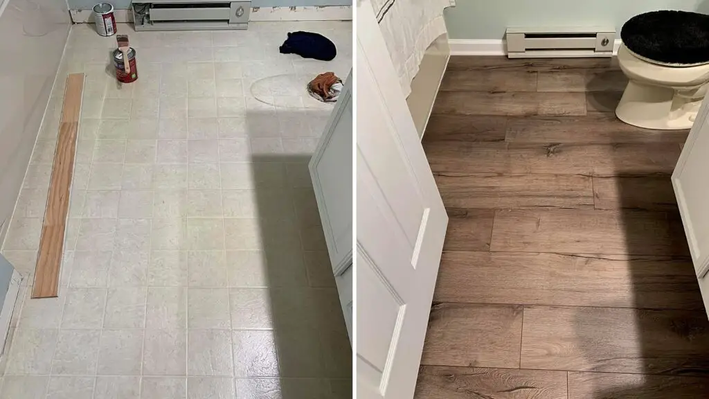 split screen with vinyl bathroom floor in beige color and new floor in vinyl plank wood look