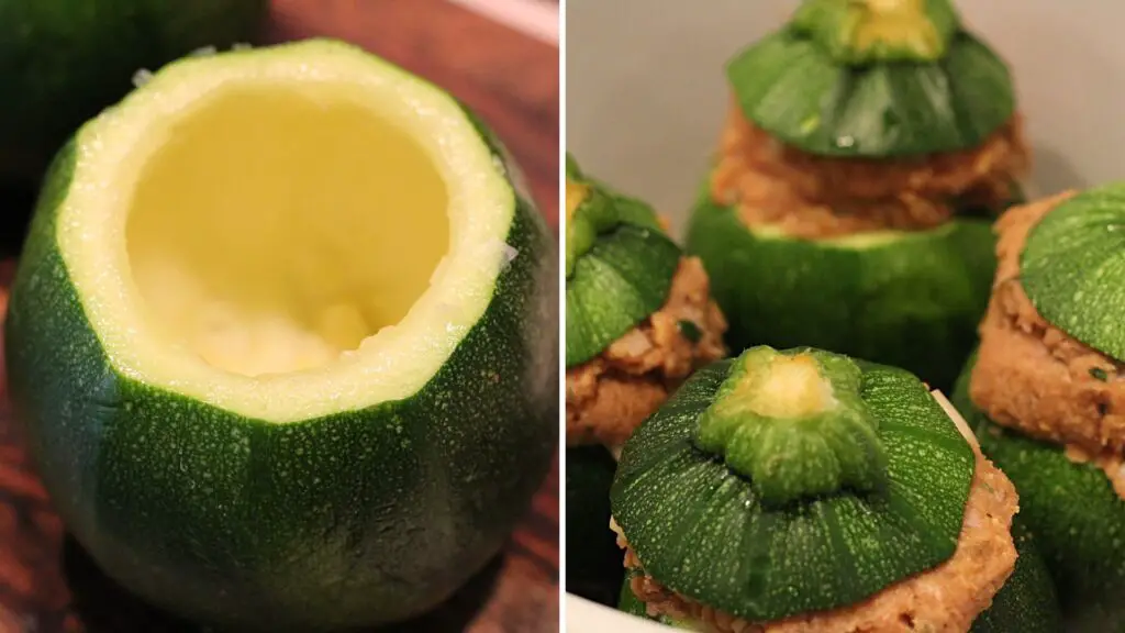 zucchini hollowed out of its seeds and four stuffed with turkey meatloaf