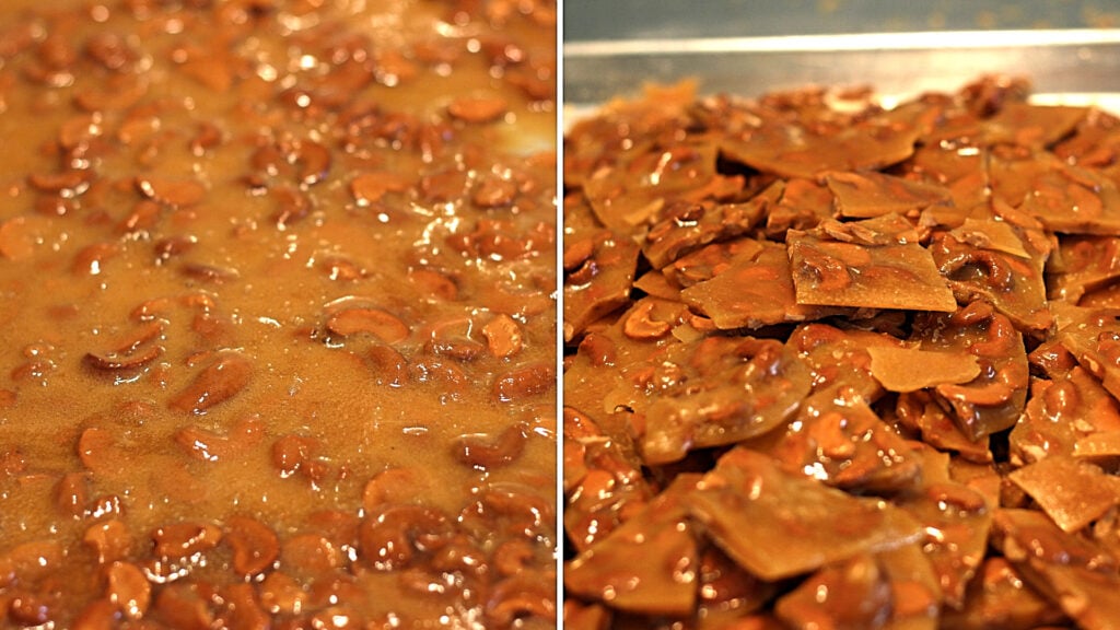 cashew brittle spread out on sheet pan then broken into pieces