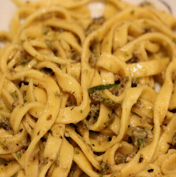 garlic scape pesto with homemade pasta