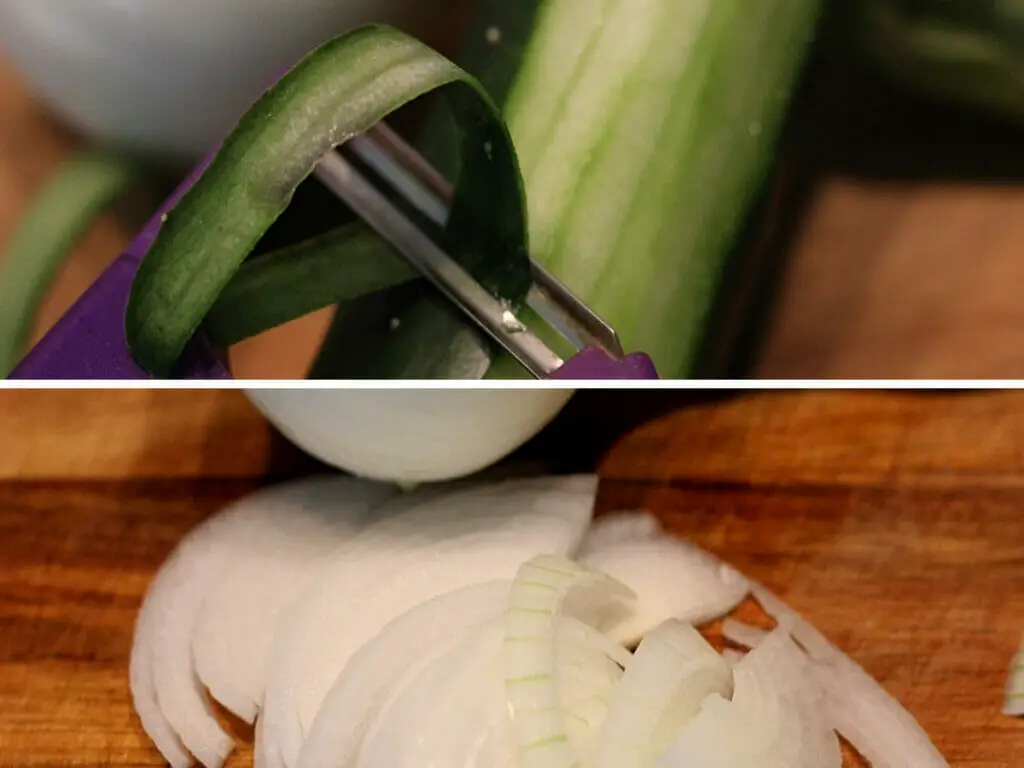 peeled cucumber and thinly sliced onion