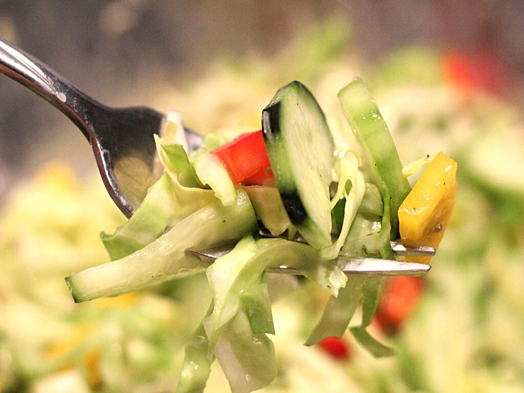 fork full of cabbage, cucumber, and peppers