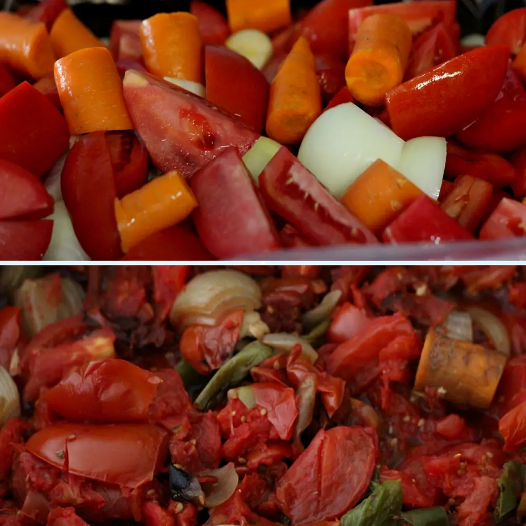 chopped vegetables in a roaster oven and vegetables cooked after slow roasting them overnight