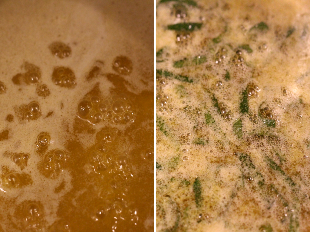 butter bubbling then turned brown with garlic and sage added