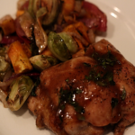 sheet pan dijon-maple chicken with brussel sprouts and sweet potatoes