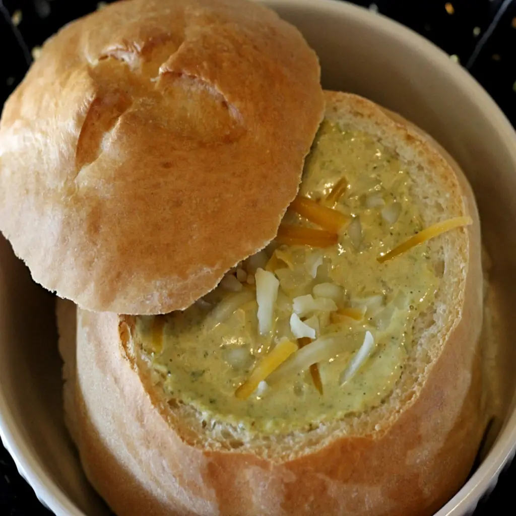 bread bowl filled with broccoli cheddar soup