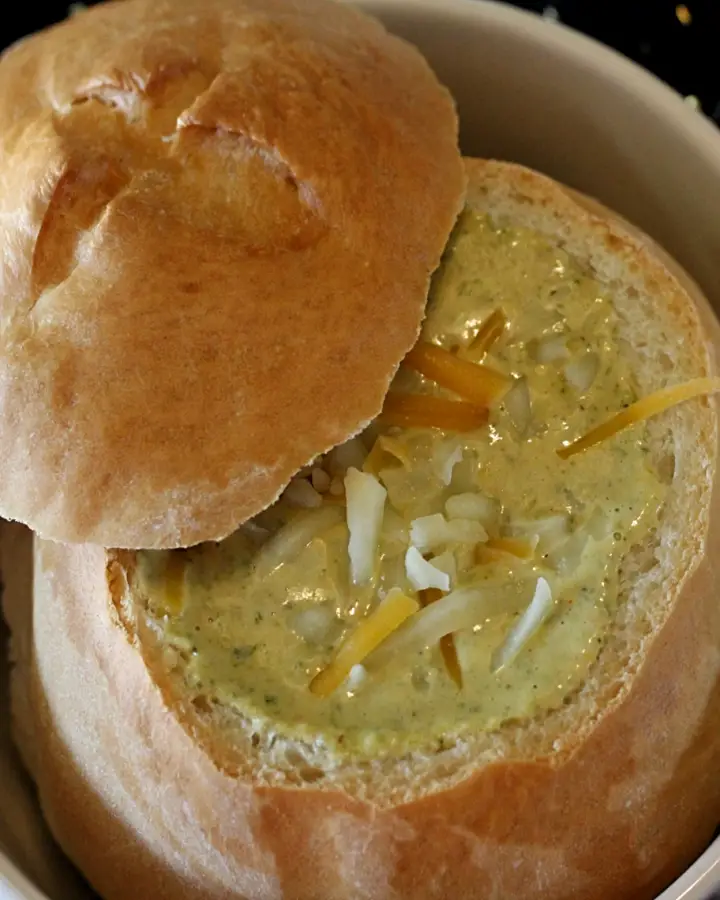 broccoli cheddar soup in a bread bowl