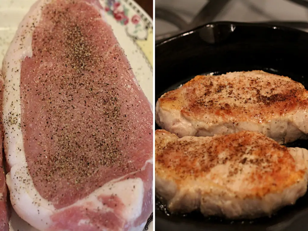 split photo of center cut pork chop with salt and pepper and chops seared in cast iron skillet