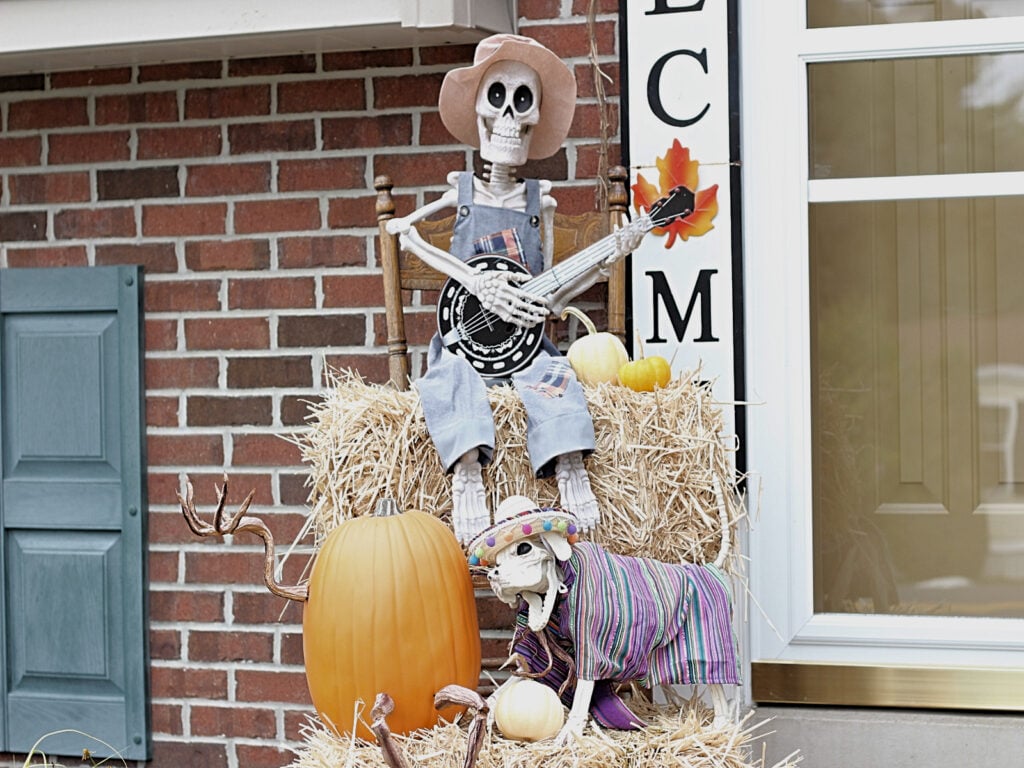 banjo skeleton decoration on front stoop with dog