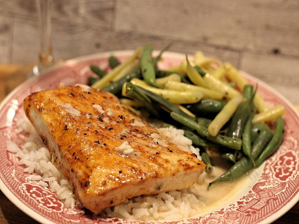 halibut over rice and sauteed green beans