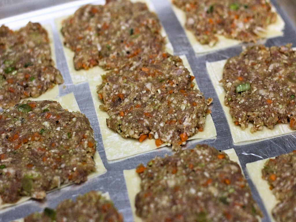 meat and cabbage mixture pressed onto a wonton wrapper