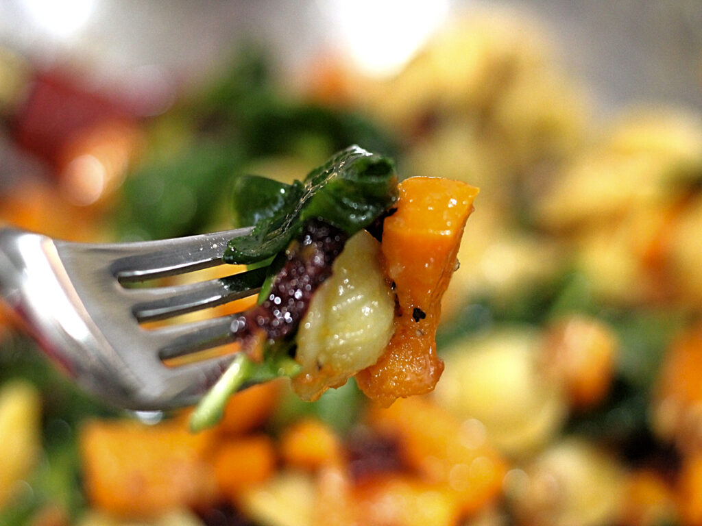 fork with butternut squash, pasta, cranberry, and spinach