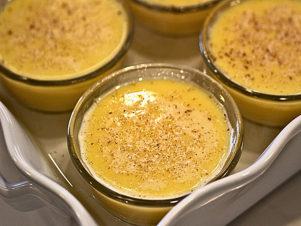 custard in baking dish with water bath